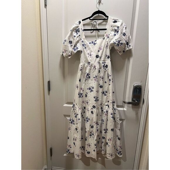 WAYF Women's Tie Back Puff Sleeve Midi Dress Ivory Stamp Floral size S NWT $128 - Picture 4 of 6